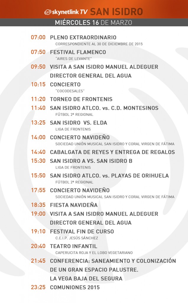 16-03-2016 Programación San Isidro miércoles