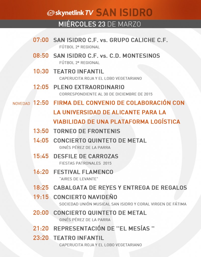 23-03-2016 Programación San Isidro miércoles