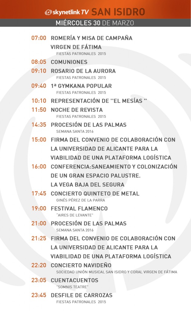 30-03-2016 Programación San Isidro miércoles