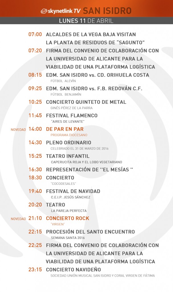 11-04-2016 Programación San Isidro lunes