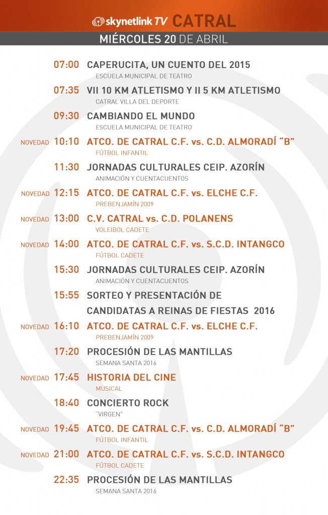 20-04-2016 Programación Catral miércoles