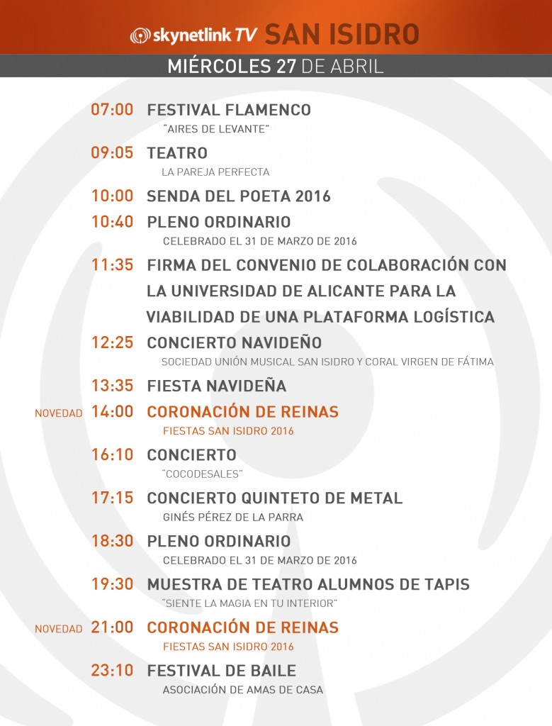 27-04-2016 Programación San Isidro miércoles